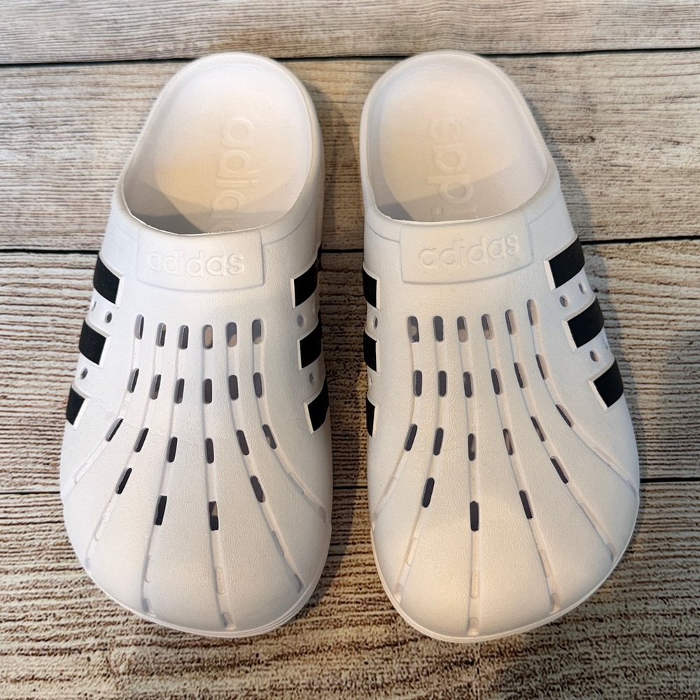 Adidas ADILETTE White Black Clogs Slides Sandals Shoes Size 7 Men 8 Women EUC - Picture 9 of 15
